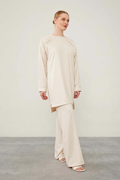 Levidor A.Beige Stone Embroidered Front Tunic Suit with Wide Trousers