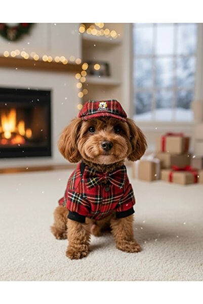 Lokums Köpek Ekose Desenli Takım | Papyonlu Şık Ceket ve Şapka|Köpek Kıyafeti | Küçük Irk Köpek Kıyafeti
