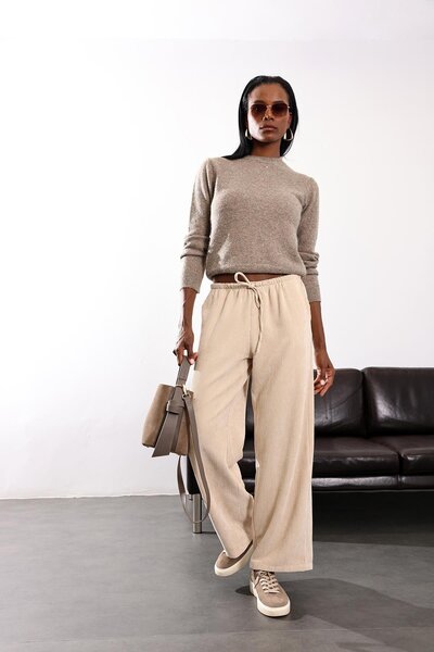 5in1Canpolat Beige Elastic Waist Velvet Trousers 17660