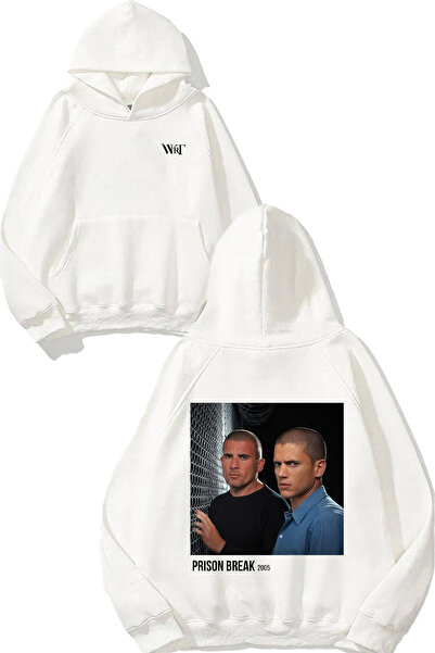 THEWERT سترة بريزون بريك مطبوع بتصميم رياضي بغطاء رأس باللون الأبيض