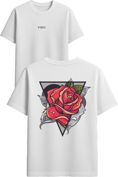 VSRN تي شيرت بتصميم مثلث الورد مطبوع أبيض قصة فضفاضة