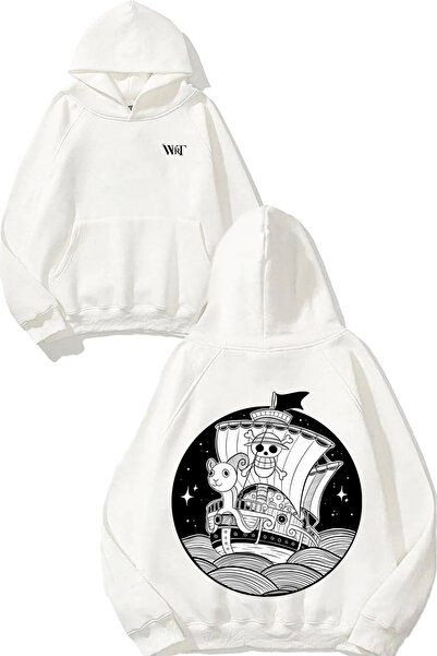 THEWERT سويت شيرت بتصميم قارب داكن من قطعة واحدة مطبوع أبيض بغطاء رأس