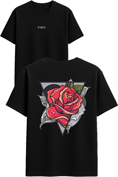 VSRN تي شيرت بتصميم مثلث الورد مطبوع أسود قصة فضفاضة