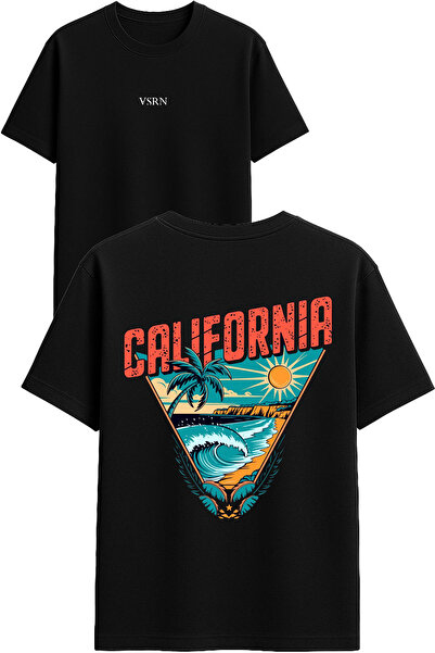 VSRN تي شيرت بتصميم مناظر كاليفورنيا مثلثة الشكل مطبوع أسود قصة فضفاضة
