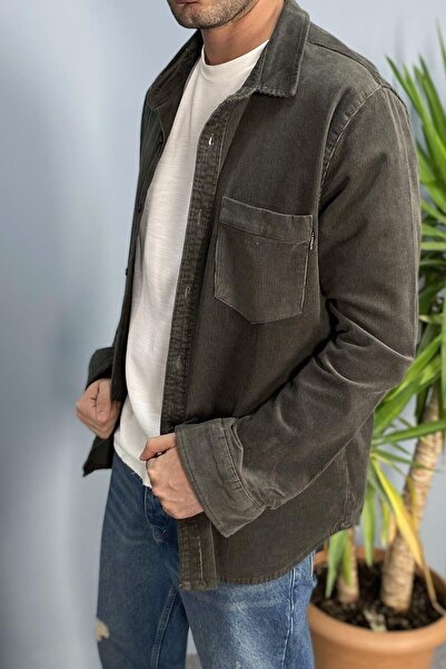 Alışveriş Sokağı Long Sleeve Khaki Corduroy Shirt with Pockets
