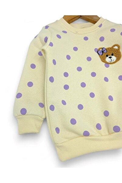 Ege Bebek Baby Girl Slim Fit Polka Dot Winter 3-Thread Set Fleece-Lined Cute Teddy Bear Embroidered Top and Bottom Set