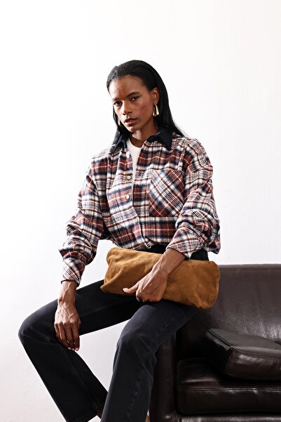 5in1Canpolat Μπλε βελούδινο καρό πουκάμισο με γιακά 04013