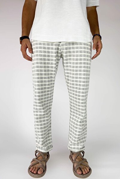 Alışveriş Sokağı 100% Cotton Square Patterned Gray Linen Trousers