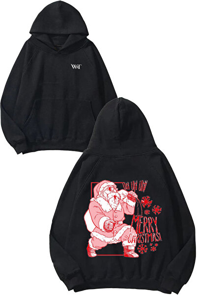 THEWERT تصميم عيد الميلاد المجيد مطبوع سويت شيرت أسود بغطاء رأس