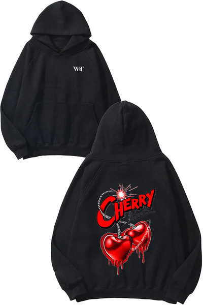 THEWERT Cherry Bomb Design Spate cu imprimeu Negru cu glugă Swea tricou