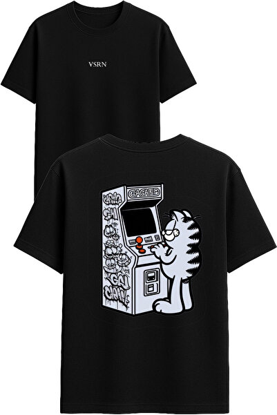 VSRN Tricou oversize negru cu imprimeu design „Cat playing a game”