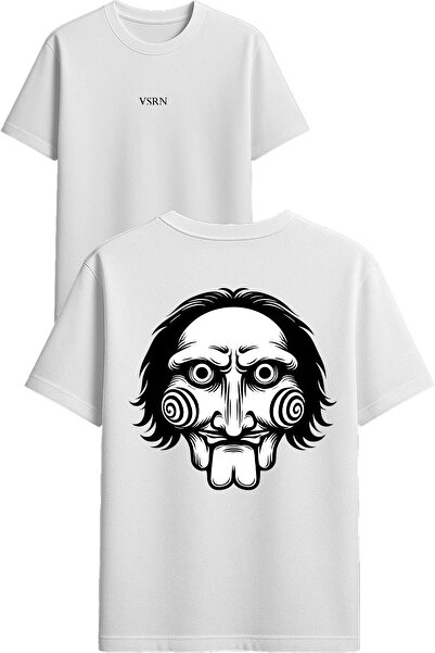 VSRN تي شيرت بتصميم وجه غريب مطبوع أبيض قصة فضفاضة