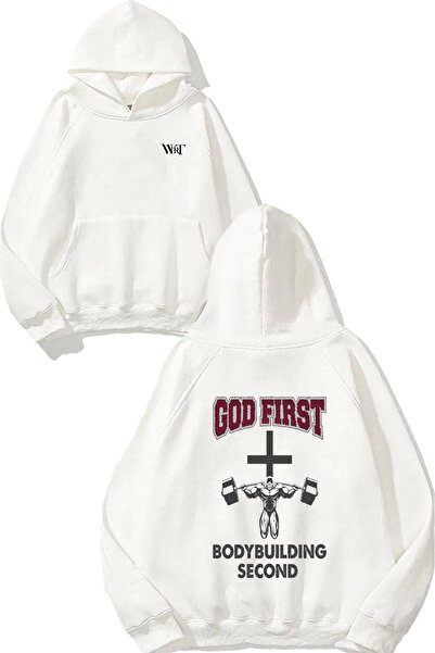 THEWERT God First Bodybuilding Design Pulover alb cu glugă cu imprimeu pe spate