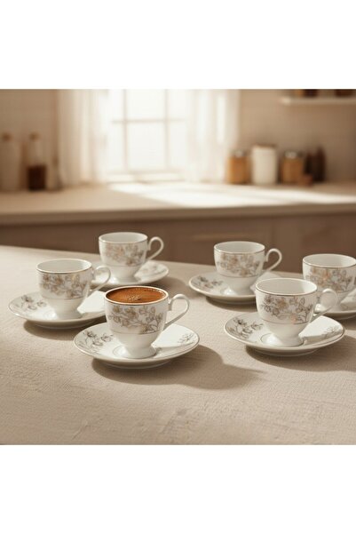 FAIR HOME Vio Vintage Gilded Floral Model 6-Person Porcelain Cream Coffee Cup Set – 100 Ml.