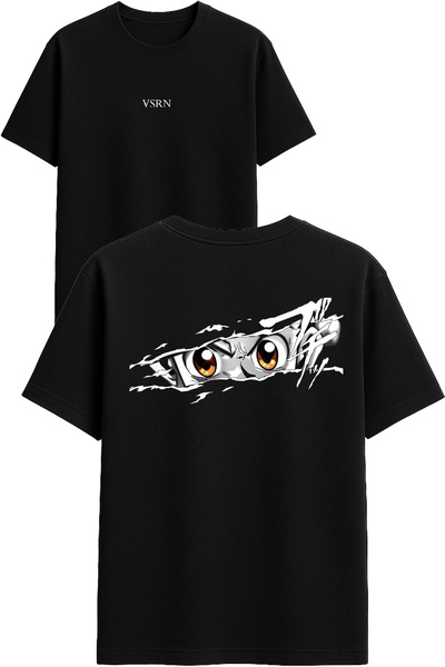 VSRN تي شيرت بتصميم عيون الأنمي مطبوع أسود قصة فضفاضة