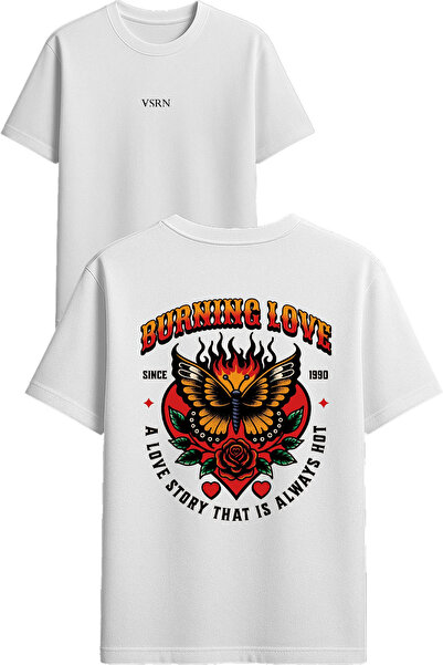 VSRN Tricou supradimensionat alb cu imprimeu Burning Love Design