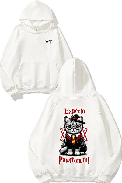 THEWERT سويت شيرت هيرري باوتر كات ديزاين مطبوع أبيض بغطاء رأس