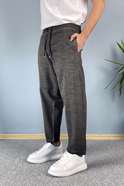 Alışveriş Sokağı Carrot Cut Linen Pants Lace-Up Elastic Waist Ankle Length