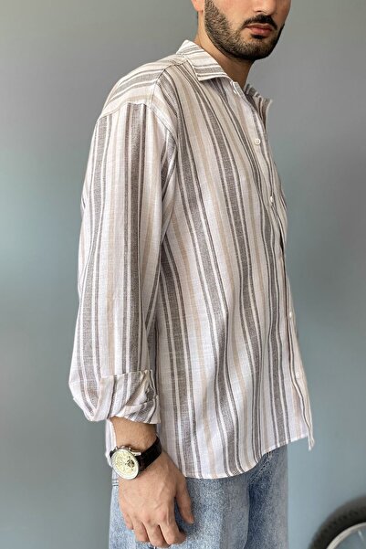 Alışveriş Sokağı Long Sleeve Linen Look Striped Shirt