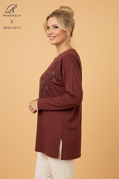 Ravencia Women's Middle-Aged and Older Floral Patterned Stony Stretch Fabric Wool Brick Color Mother Combed Cotton Blouse