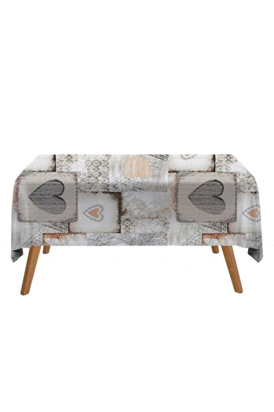 MYONNA IT & E- COMMERCE Textile Tablecloth, Heart Pattern, Beige/Grey, 180x140 cm, 70% Cotton 30% Polyester