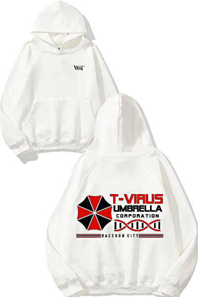 THEWERT تي فيروس أمب렐لا كوربوريشن ديزاين راك مطبوع سويت شيرت أبيض بغطاء رأس