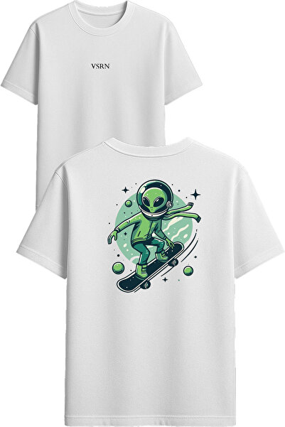 VSRN Alien Skateboarder Design Printed White Oversized T-Shirt