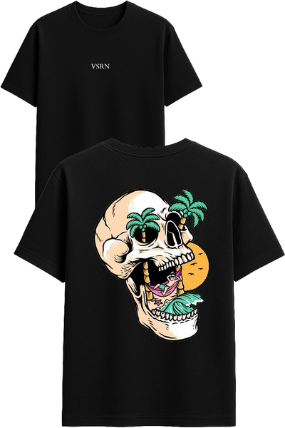 VSRN Tricou oversize negru cu imprimeu design craniu și copac