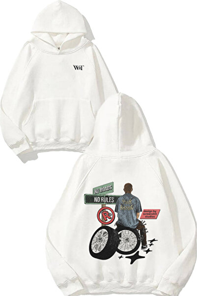 THEWERT سويت شيرت No Roads No Rules Design Back مطبوع أبيض بغطاء رأس