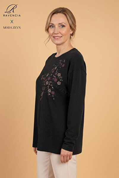 Ravencia Women's Middle-Aged and Older Floral Patterned Stoned Stretch Fabric Wool Black Mother Combed Cotton Blouse