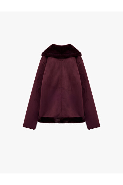 Koton Faux Fur Collar Zippered Pocket Suede Look Biker Jacket