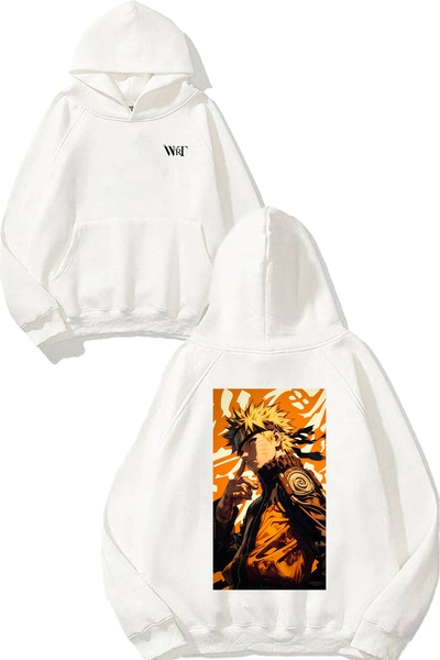 THEWERT سويت شيرت ناروتو أوزوماكي ديزاين مطبوع أبيض بغطاء رأس