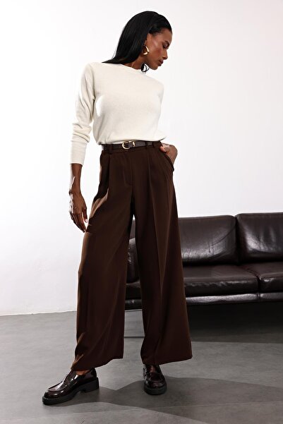 5in1Canpolat Καφέ ψηλόμεση παντελόνι palazzo 1594