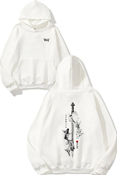 THEWERT سترة بتصميم سيف الساموراي والأسماك مطبوع باللون الأبيض بغطاء رأس