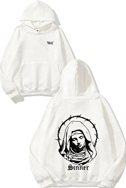 THEWERT Sınner Design Spate cu imprimeu Alb cu glugă Swea tricou