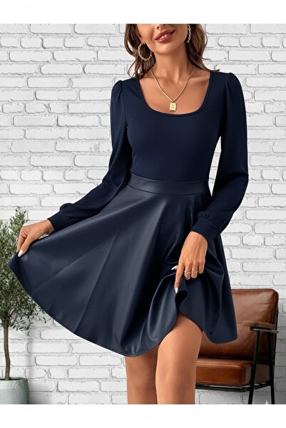 MaxiMor Дамска рокля с кожена пола в тъмносин цвят (без колан)