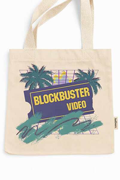 Tee&more. Retro Blockbuster Video Printed Canvas Tote Bag with Gusseted Gusseted Velcro Closure and Inner Pocket