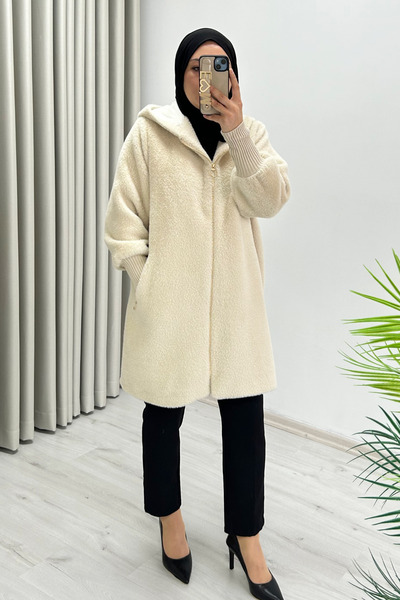 T Moda Store Noshe Premium Kalite Astarlı ve Kapüşonlu Angora Kaban