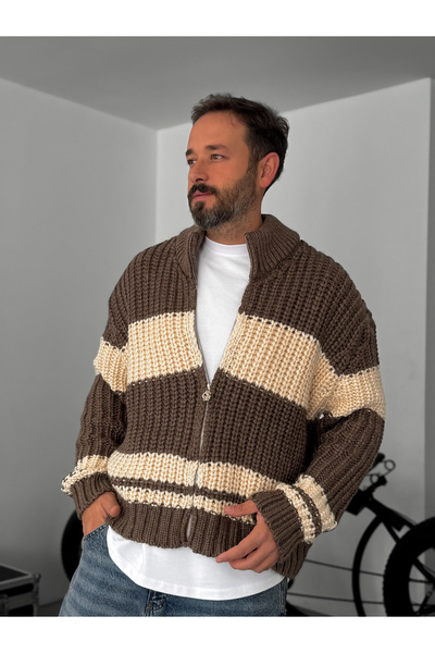 BYBASICMAN Καφέ πλεκτή ζακέτα με ρίγες με φερμουάρ G-3005