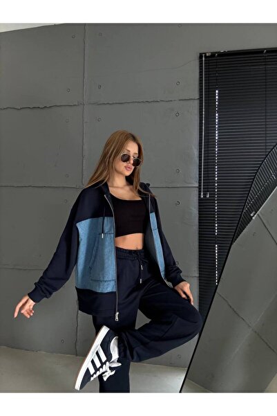 bonibon butikk Women's High-Quality Luxury Clothing Elastic Waist and Leg Top Denim Detailed 3-Thread Bottom Top Set