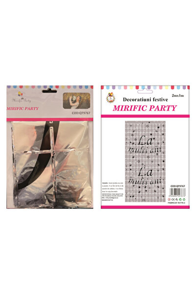 Mirific Party Perdea decorativă, alb/negru/argintiu, 2 m x 1 m, "La mulți ani"