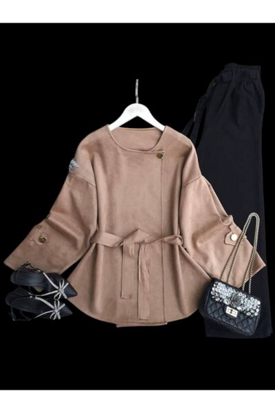 ŞAHİN TESETTÜR GİYİM TEK DÜĞMELİ KEMERLİ SÜET KISA CEKET 3210