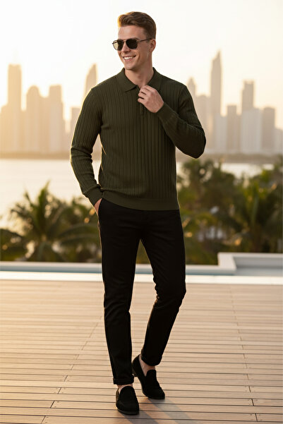 DeepSEA Ανδρικό πλεκτό πουλόβερ με λαιμόκοψη πόλο χακί εφαρμοστό - Μαλακή υφή, ελαστική και κομψή εμφάνιση 2605305