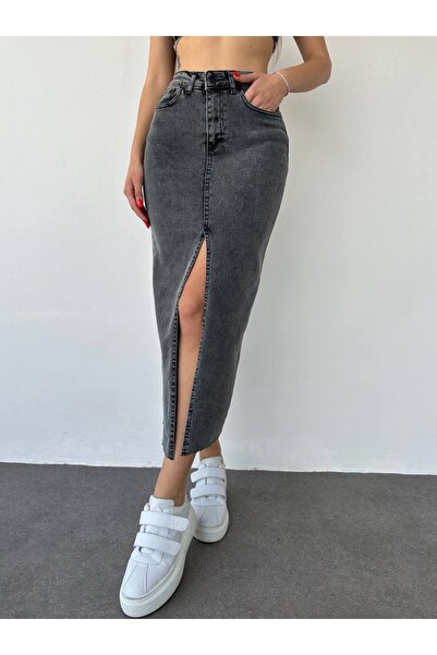 MADAME MELEK Zr Model Slit Detailed Buttoned Denim Skirt Smoked Midi Knee Length