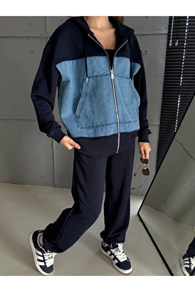 bonibon butikk Women's High-Quality Luxury Clothing Elastic Waist and Leg Top Denim Detailed 3-Thread Bottom Top Set