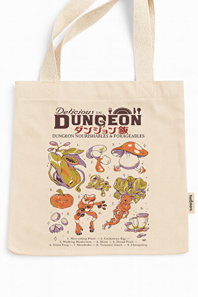 Tee&more. Dungeon Meshi Nourishables & Forageables Printed Canvas Tote Bag with Gusseted Velcro and Inner Pocket