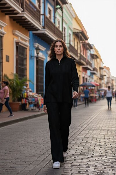 Intisimo Women's Knitwear Set, Two Pieces, High Collar, Zipper, Black