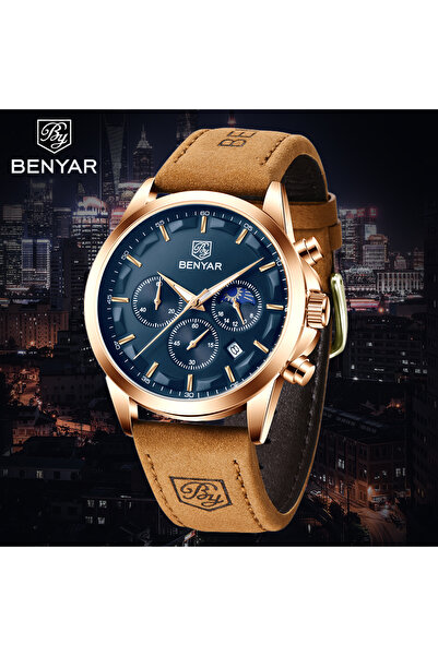 Benyar Ανδρικό Ρολόι Elegant Quartz Χρονογράφος Casual Καφέ/Χρυσό Δέρμα