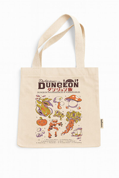 Tee&more. Dungeon Meshi Nourishables & Forageables Printed Canvas Tote Bag with Gusseted Velcro and Inner Pocket