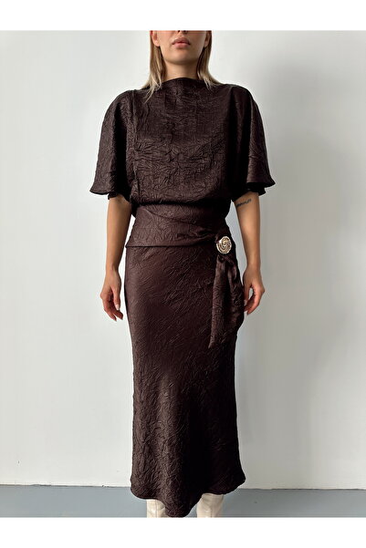 Somut istanbul Crinkled Look Satin Midi Skirt and Blouse 2-Piece Set